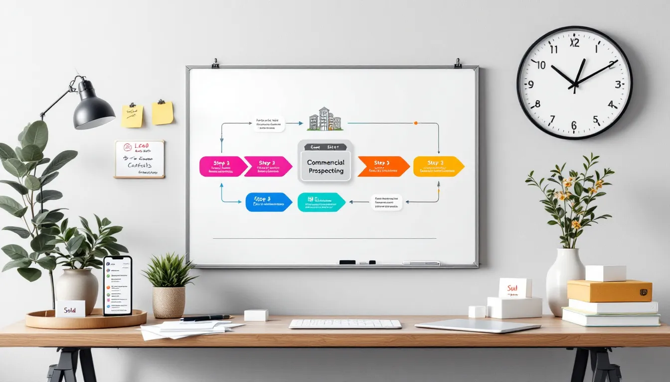 Différents outils de prospection commerciale sur un bureau.